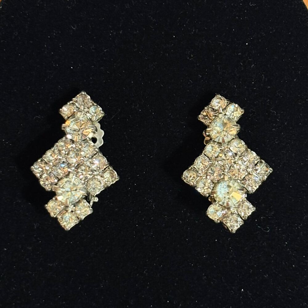 Vintage Rhinestone Earrings Double Square Shape, Clip On Closure 1 1/4"